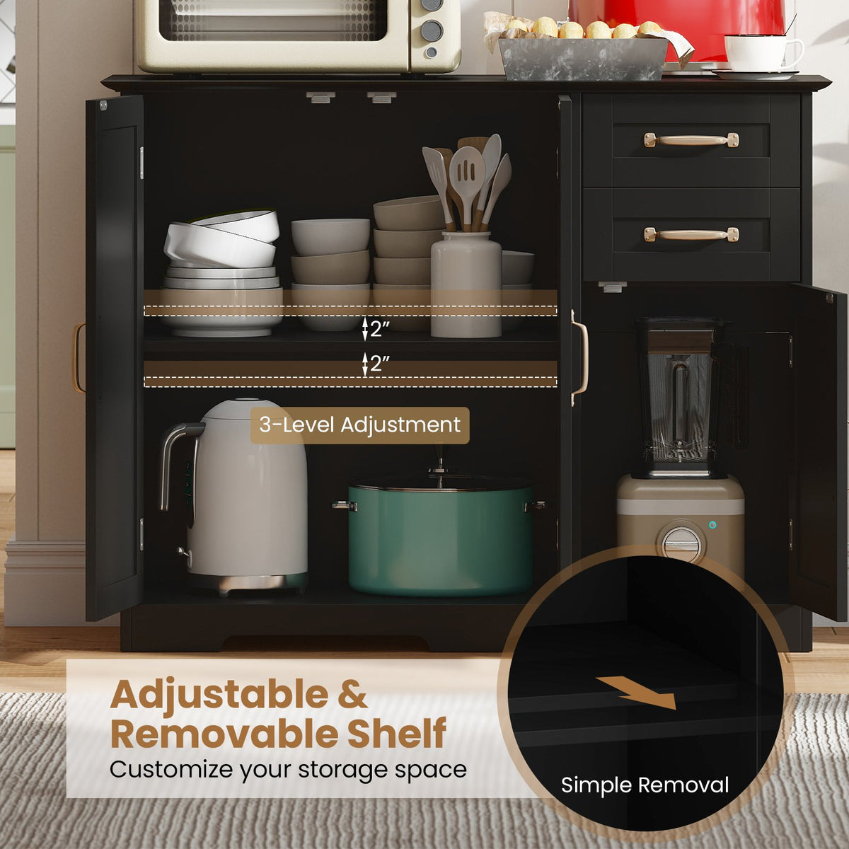 40 Inch Modern Kitchen Sideboard Buffet Cabinet with 2 Drawers and Adjustable Shelf-Black view 8