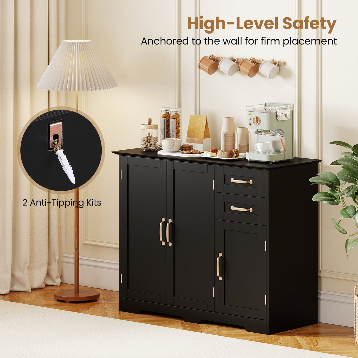 40 Inch Modern Kitchen Sideboard Buffet Cabinet with 2 Drawers and Adjustable Shelf-Black view 9