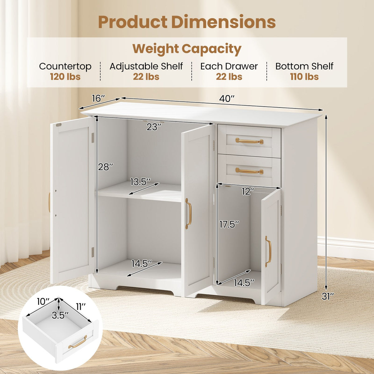 40 Inch Modern Kitchen Sideboard Buffet Cabinet with 2 Drawers and Adjustable Shelf-White view 5