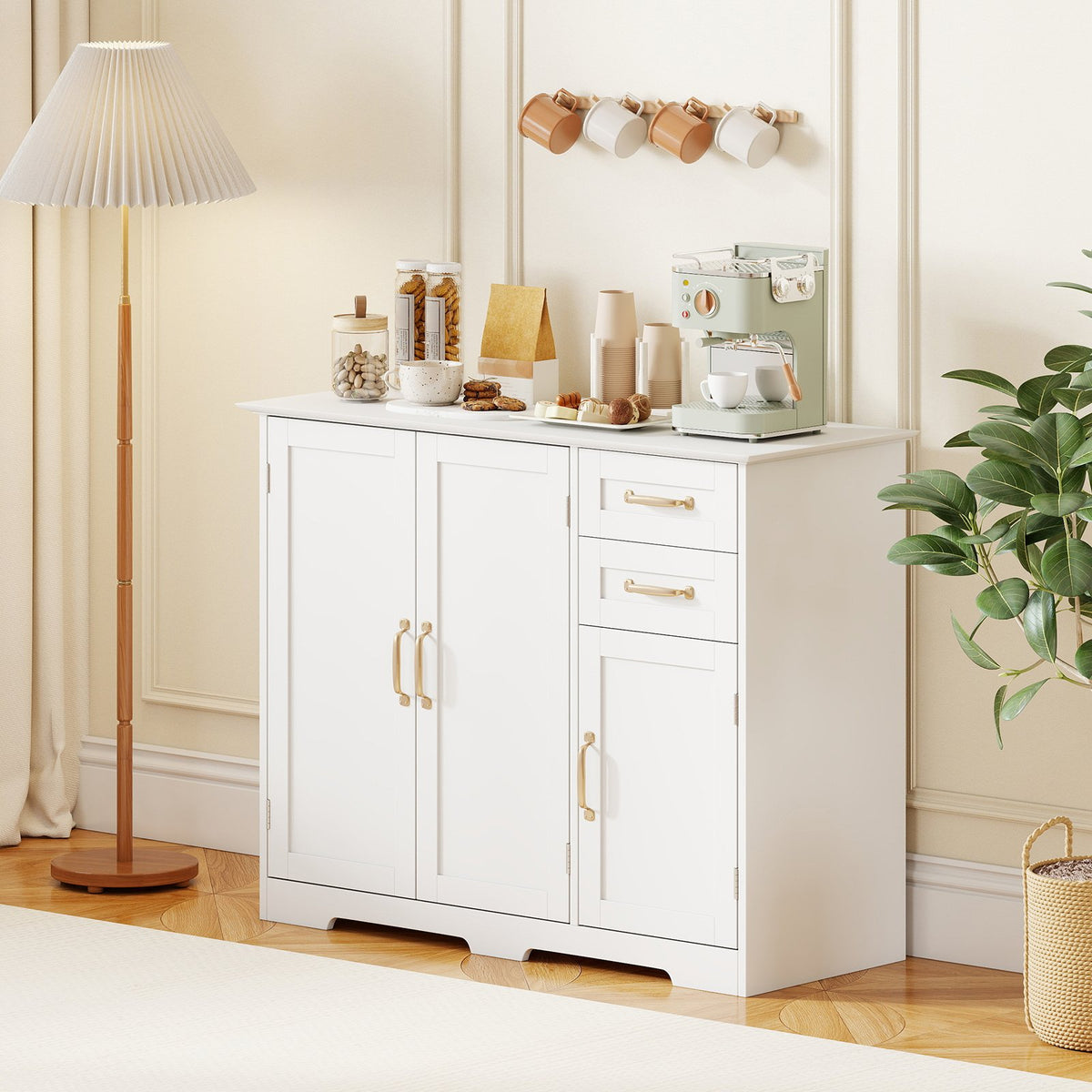 40 Inch Modern Kitchen Sideboard Buffet Cabinet with 2 Drawers and Adjustable Shelf-White view 6