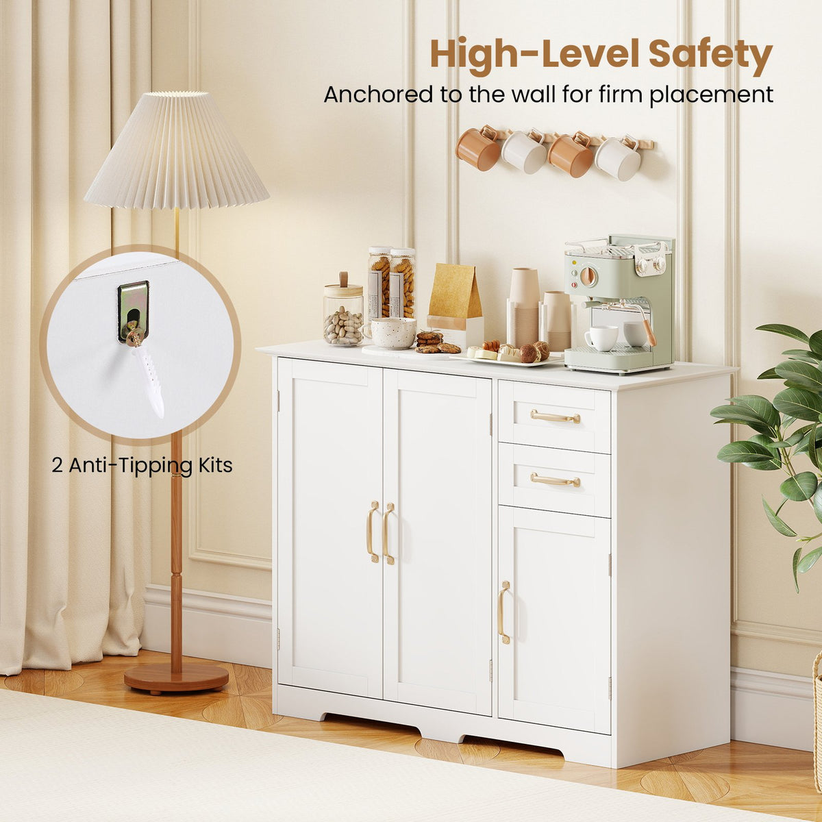 40 Inch Modern Kitchen Sideboard Buffet Cabinet with 2 Drawers and Adjustable Shelf-White view 9