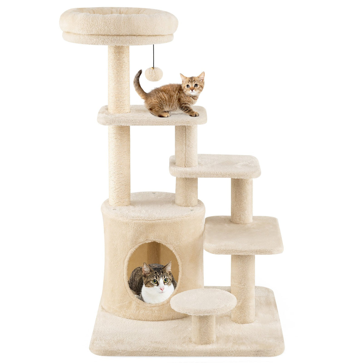 40 Inch Multi-level Cat Tower with Condo and Dangling Jingle Ball-Beige