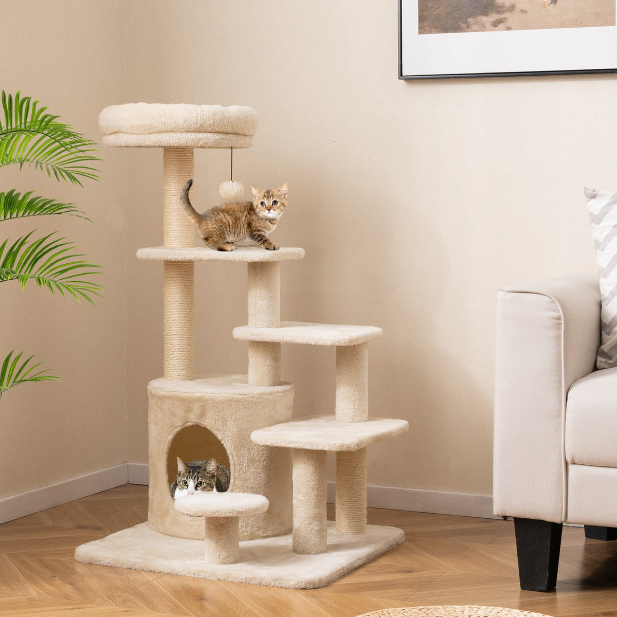 40 Inch Multi-level Cat Tower with Condo and Dangling Jingle Ball-Beige view 2