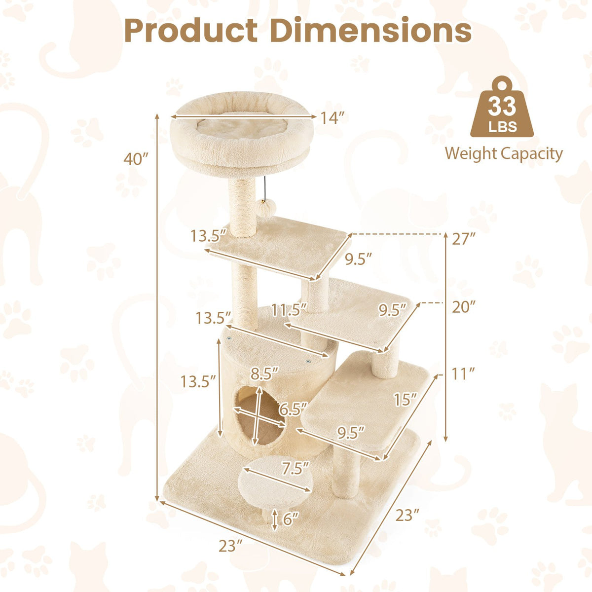 40 Inch Multi-level Cat Tower with Condo and Dangling Jingle Ball-Beige view 5
