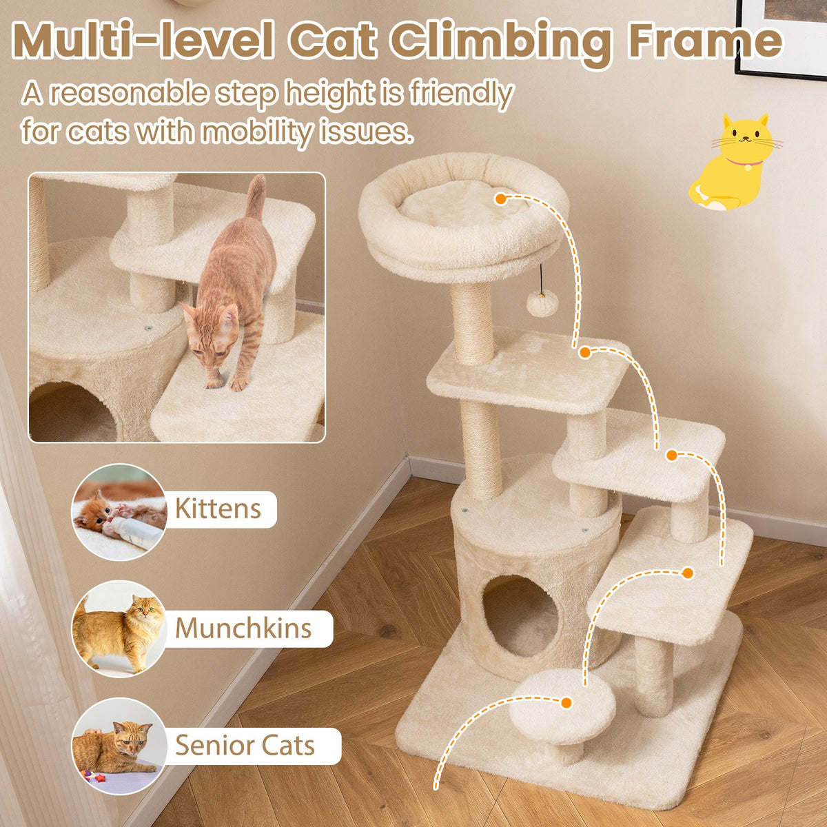 40 Inch Multi-level Cat Tower with Condo and Dangling Jingle Ball-Beige view 7