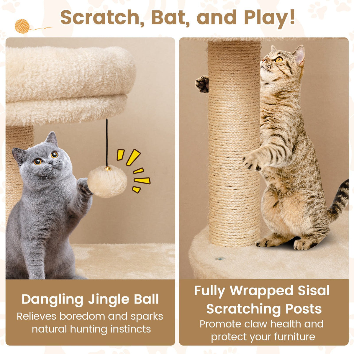 40 Inch Multi-level Cat Tower with Condo and Dangling Jingle Ball-Beige view 8