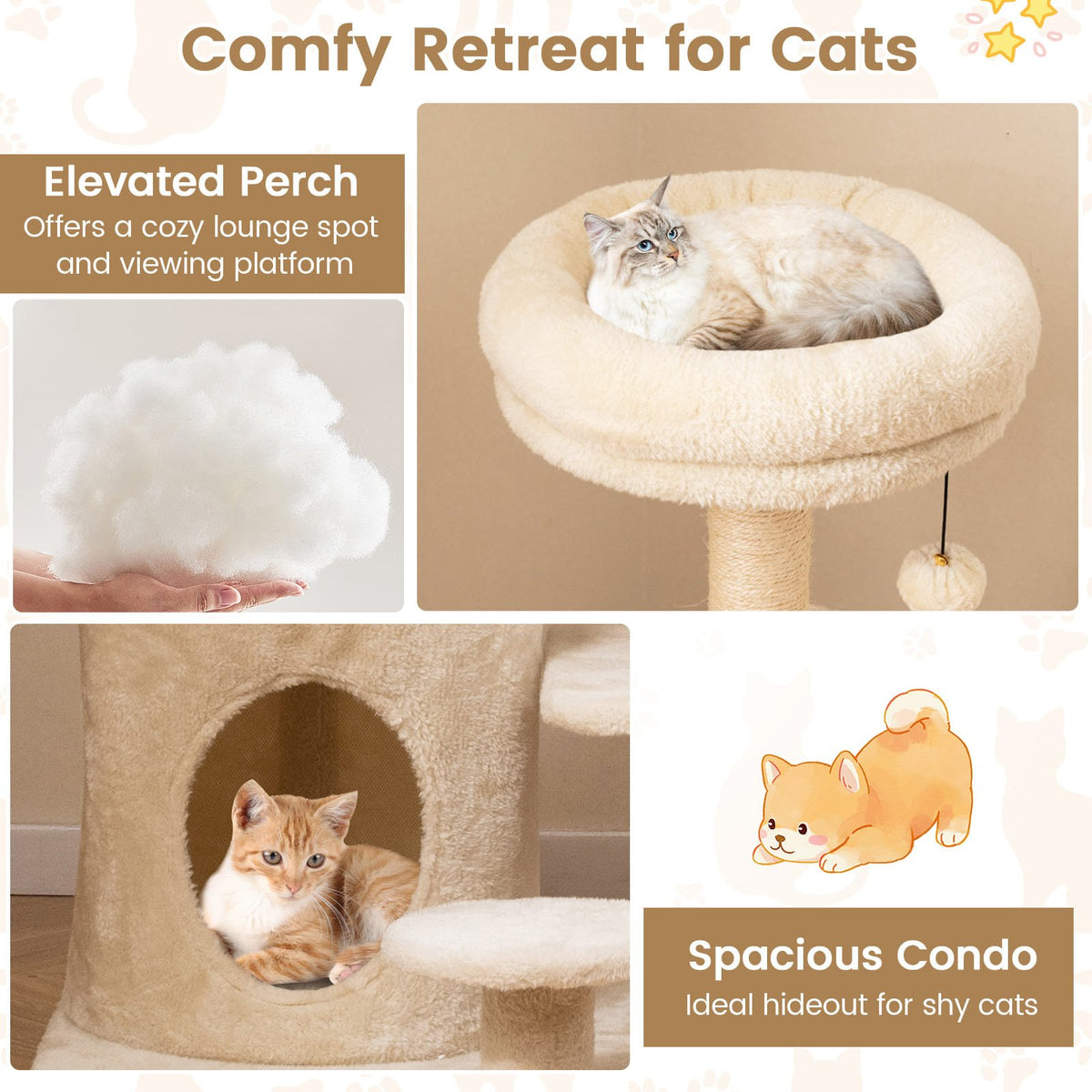 40 Inch Multi-level Cat Tower with Condo and Dangling Jingle Ball-Beige view 9