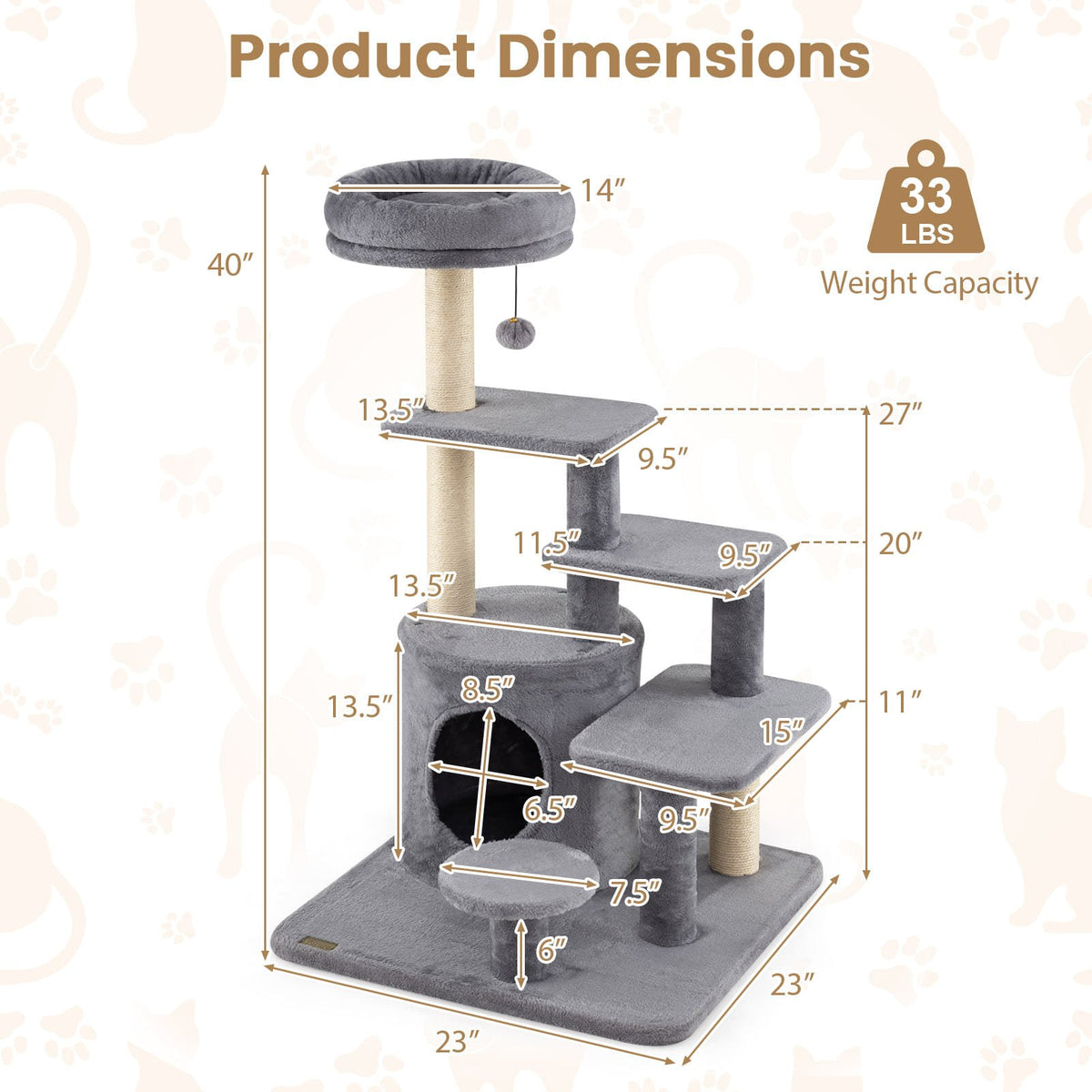 40 Inch Multi-level Cat Tower with Condo and Dangling Jingle Ball-Gray view 4