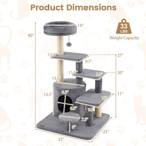 40 Inch Multi-level Cat Tower with Condo and Dangling Jingle Ball-Gray view 4