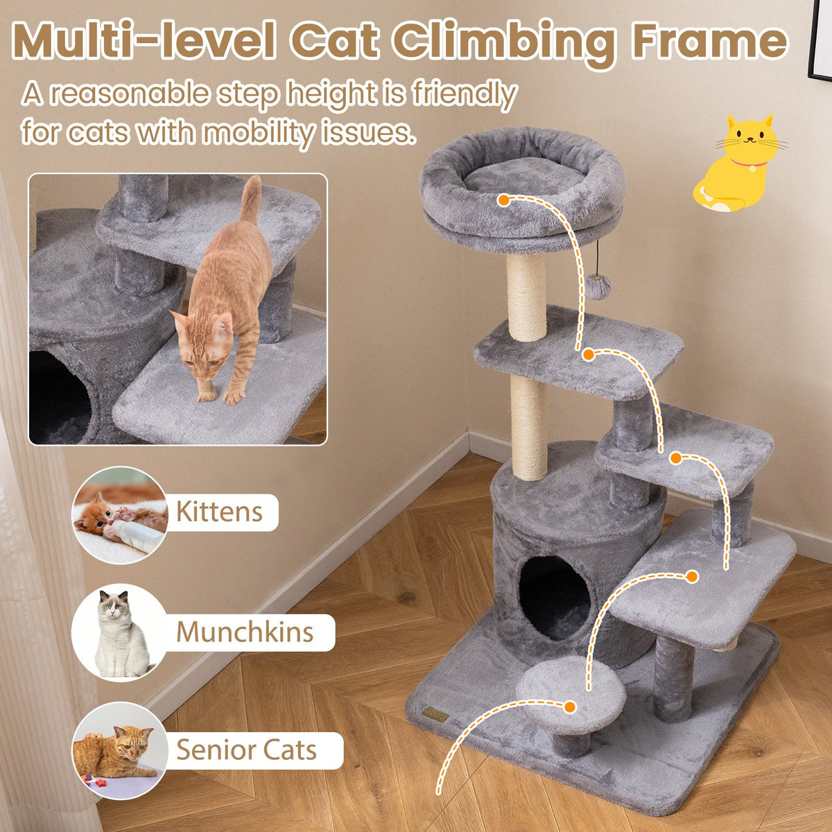 40 Inch Multi-level Cat Tower with Condo and Dangling Jingle Ball-Gray view 6