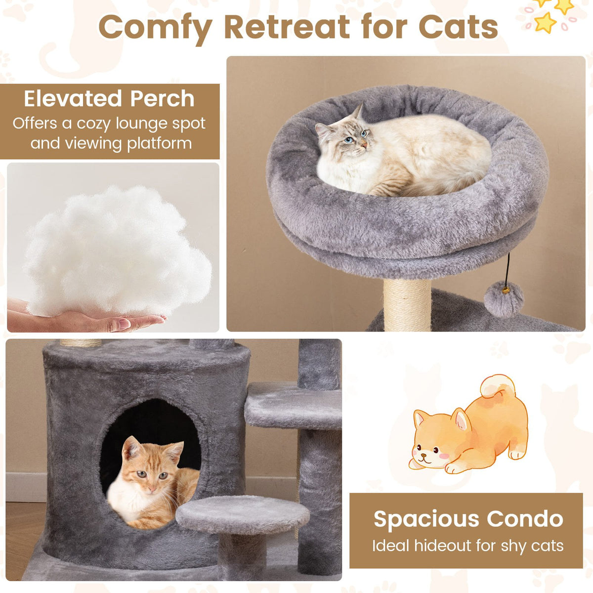 40 Inch Multi-level Cat Tower with Condo and Dangling Jingle Ball-Gray view 9
