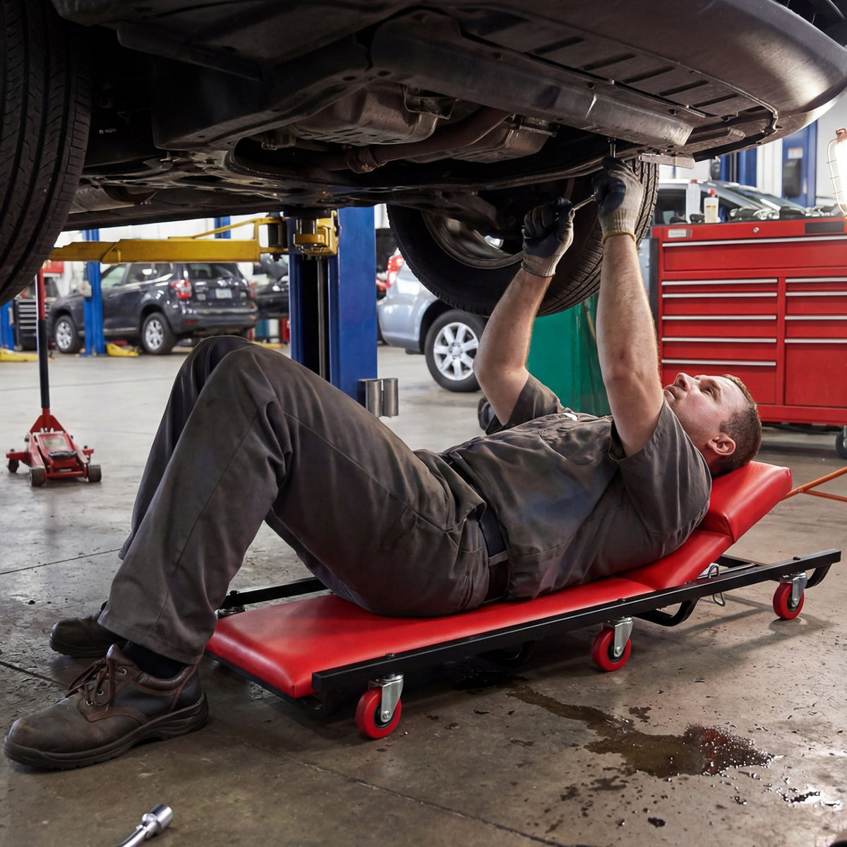 40 Inch Rolling Creeper Padded Mechanic Cart with Adjustable Backrest and Headrest-Red view 3