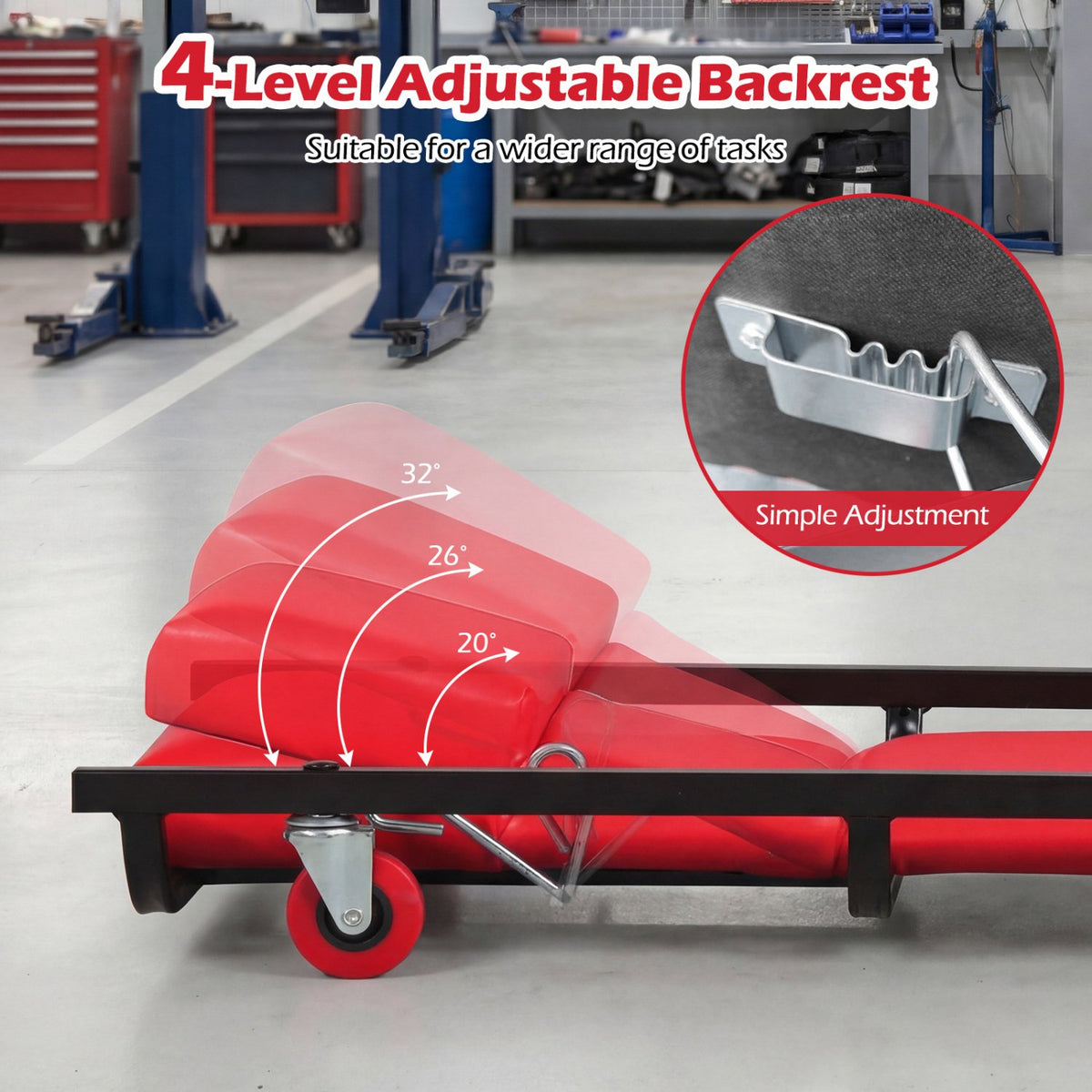 40 Inch Rolling Creeper Padded Mechanic Cart with Adjustable Backrest and Headrest-Red view 7