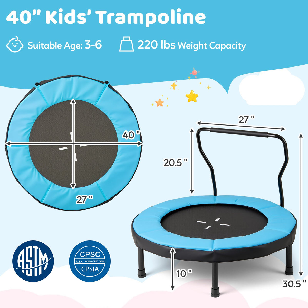 40 Inch Trampoline for Kids Indoor Outdoor Fitness Trampoline-Blue view 4