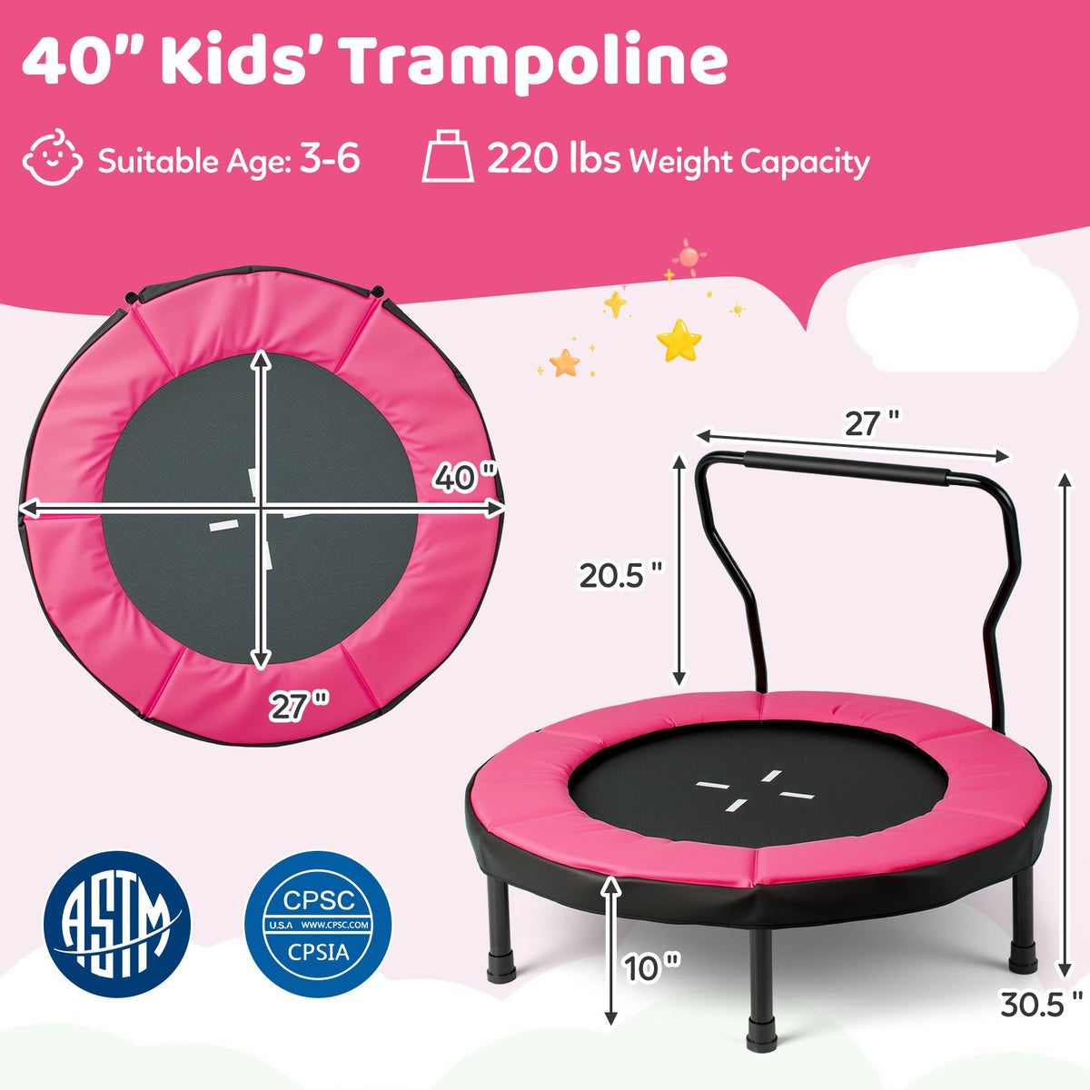 40 Inch Trampoline for Kids Indoor Outdoor Fitness Trampoline-Pink view 4