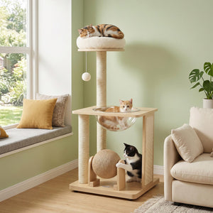 40 inches Solid Wood Cat Tree with Space Capsule & Sisal Posts and Scratching Board-Natural view 2