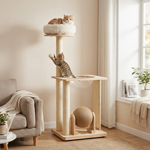 40 inches Solid Wood Cat Tree with Space Capsule & Sisal Posts and Scratching Board-Natural view 3