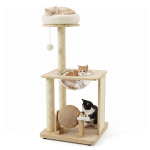 40 inches Solid Wood Cat Tree with Space Capsule & Sisal Posts and Scratching Board-Natural view 4