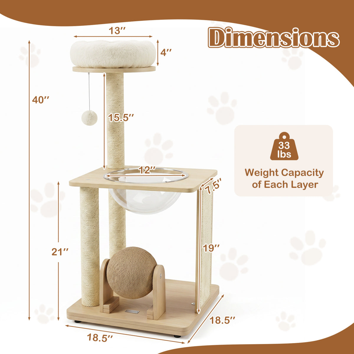 40 inches Solid Wood Cat Tree with Space Capsule & Sisal Posts and Scratching Board-Natural view 5