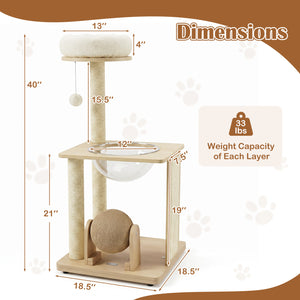 40 inches Solid Wood Cat Tree with Space Capsule & Sisal Posts and Scratching Board-Natural view 5