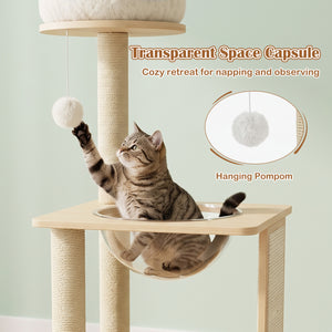 40 inches Solid Wood Cat Tree with Space Capsule & Sisal Posts and Scratching Board-Natural view 7