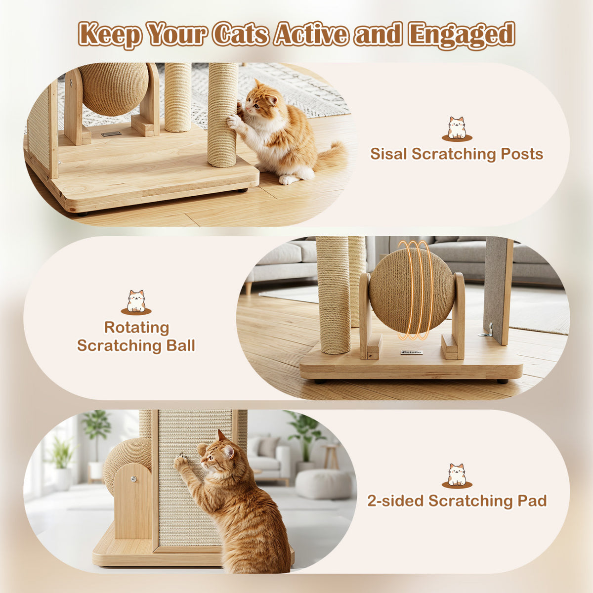 40 inches Solid Wood Cat Tree with Space Capsule & Sisal Posts and Scratching Board-Natural view 8