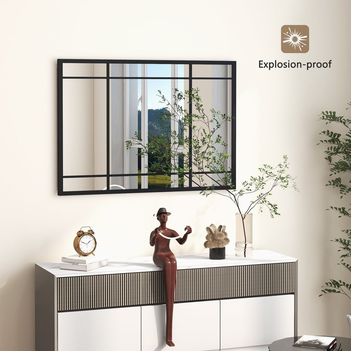 40 x 28 Inch Wall Mounted Mirror Metal Framed Hanging Mirror for Living Room Bedroom-Black view 3
