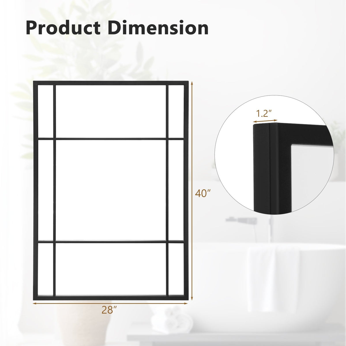 40 x 28 Inch Wall Mounted Mirror Metal Framed Hanging Mirror for Living Room Bedroom-Black view 4