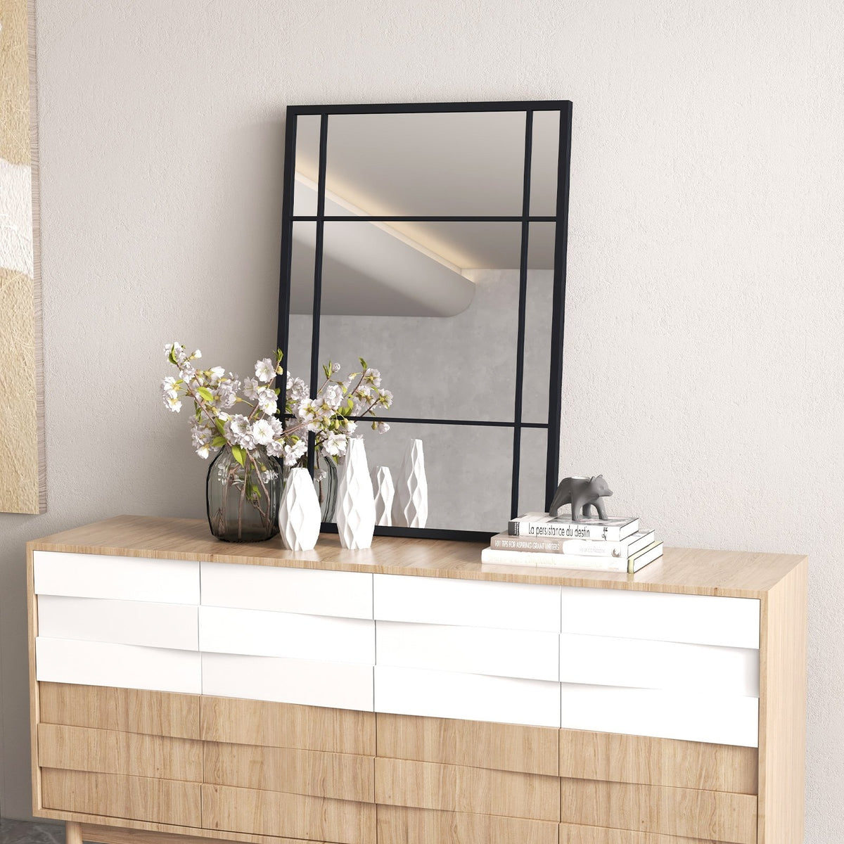 40 x 28 Inch Wall Mounted Mirror Metal Framed Hanging Mirror for Living Room Bedroom-Black view 5