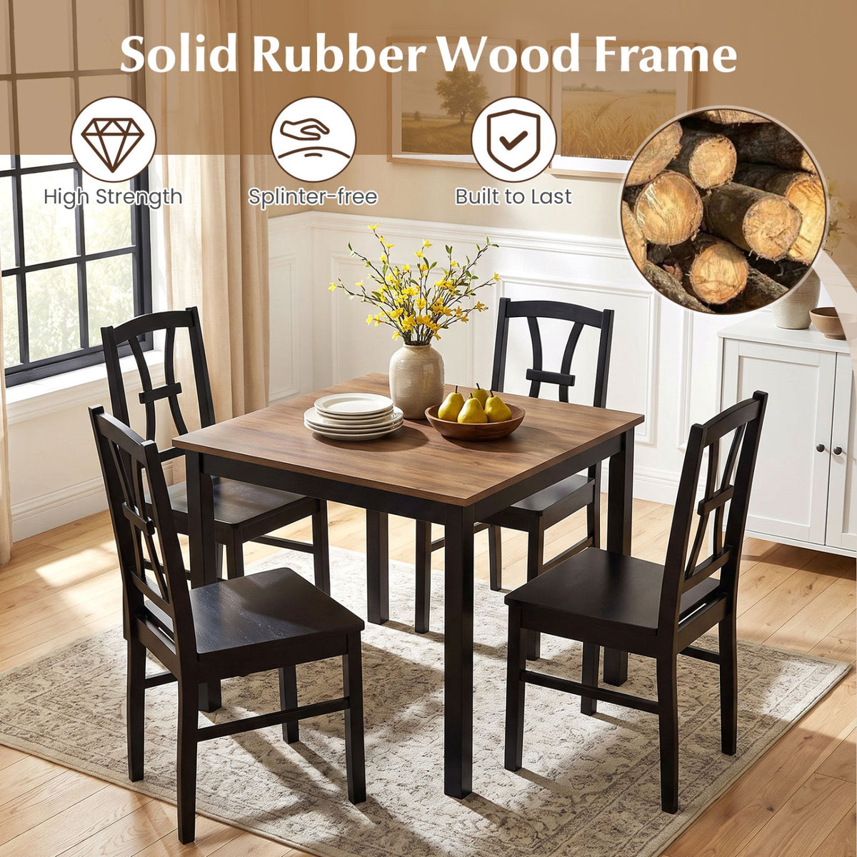 400 lbs Capacity Dining Chair Set of 2 with Cross Backrest and Rubber Wood Frame-Black view 5