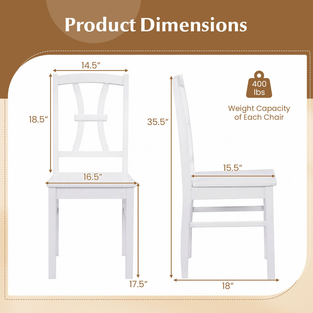 400 lbs Capacity Dining Chair Set of 2 with Cross Backrest and Rubber Wood Frame-White view 4