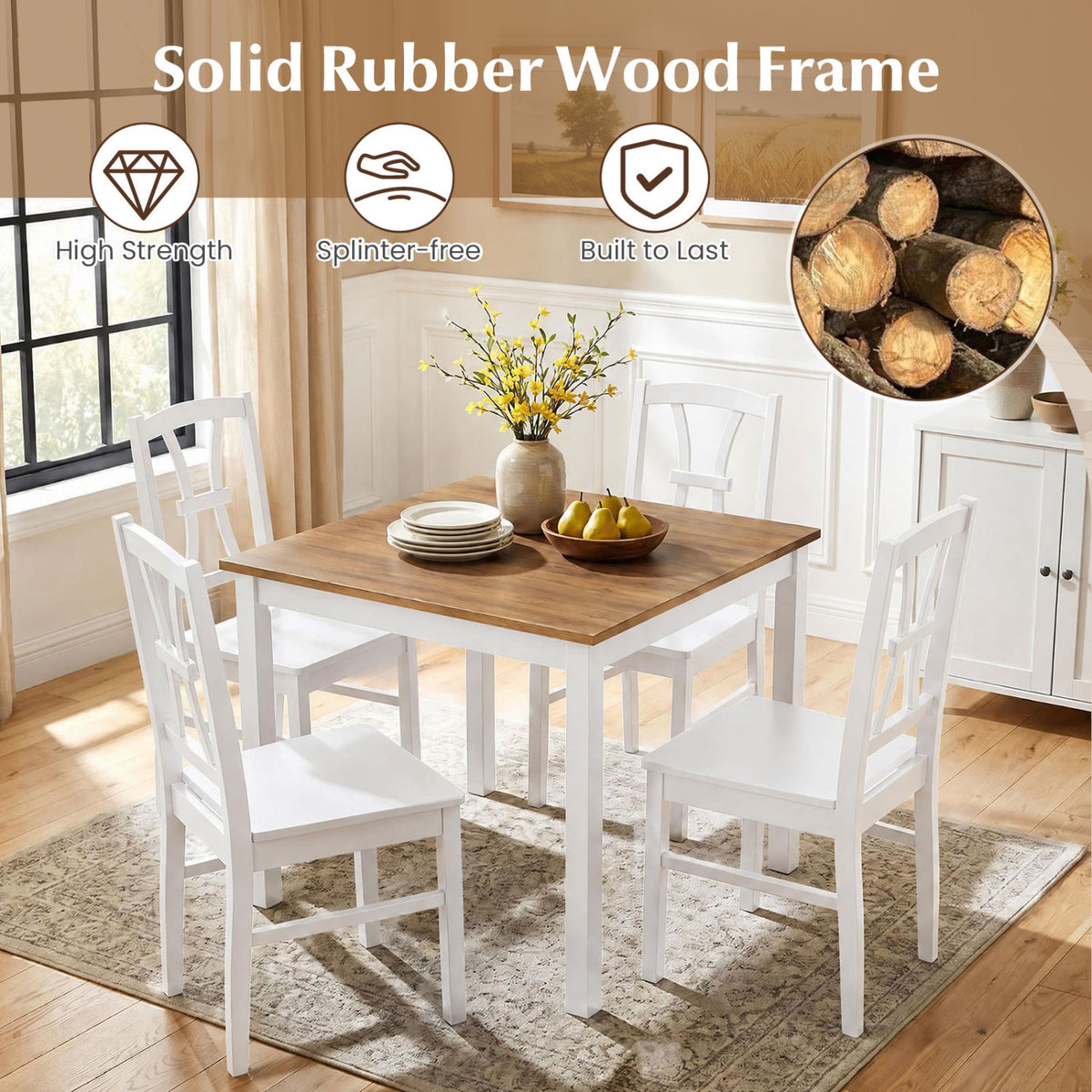 400 lbs Capacity Dining Chair Set of 2 with Cross Backrest and Rubber Wood Frame-White view 5