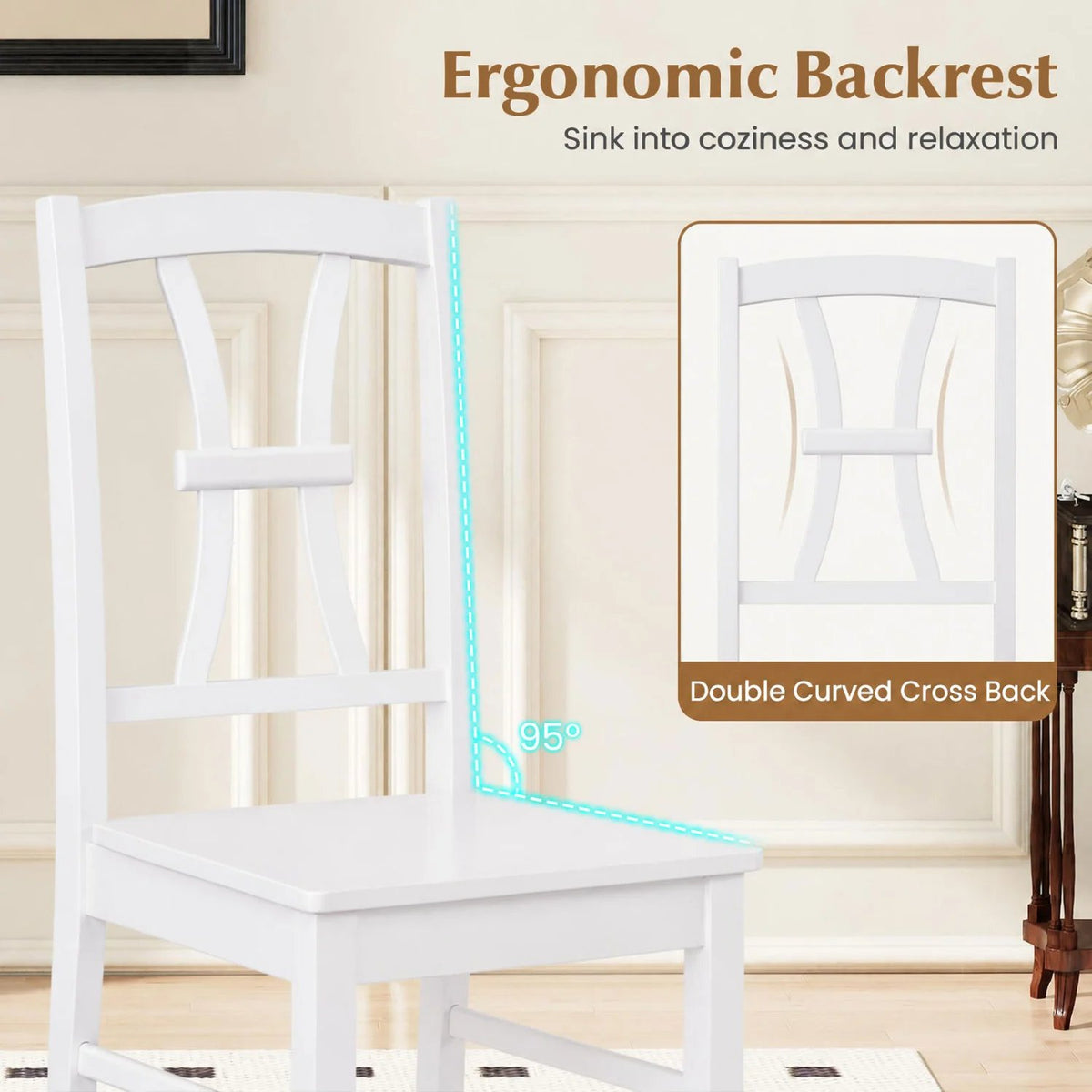 400 lbs Capacity Dining Chair Set of 4 with Cross Backrest and Rubber Wood Frame-White view 5