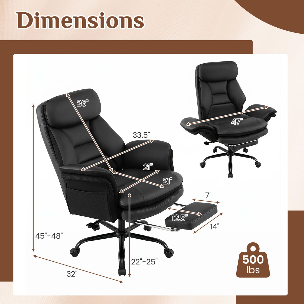 400 LBS Ergonomic Big and Tall Office Chair with Faux Leather-Black view 5