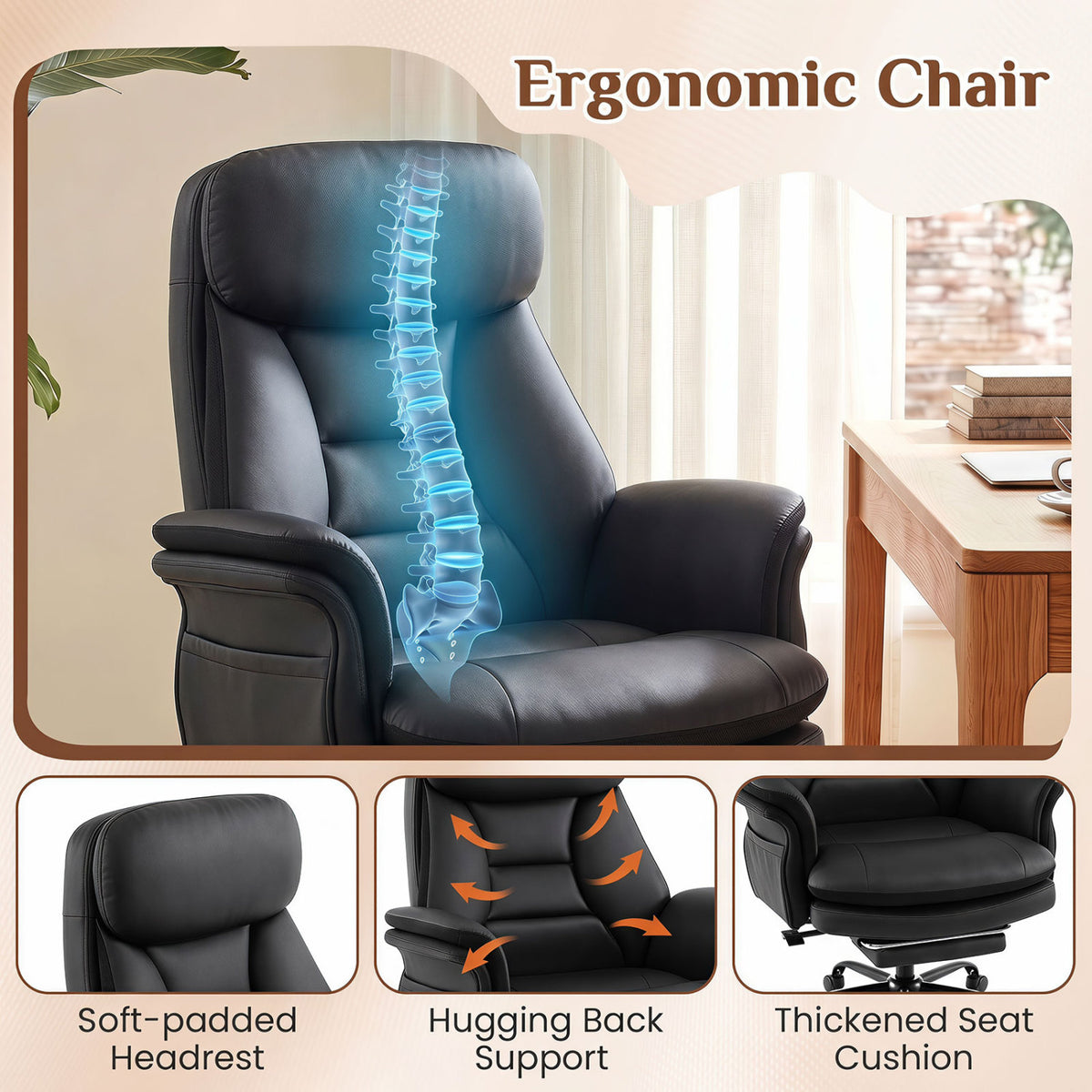 400 LBS Ergonomic Big and Tall Office Chair with Faux Leather-Black view 6