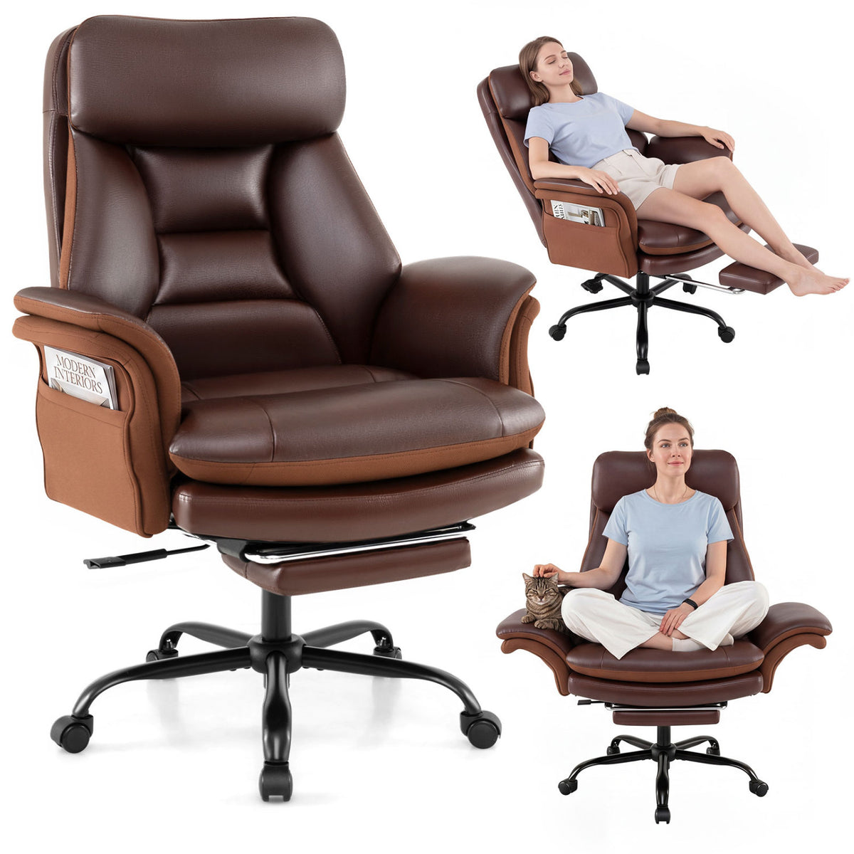400 LBS Ergonomic Big and Tall Office Chair with Faux Leather-Brown view 4