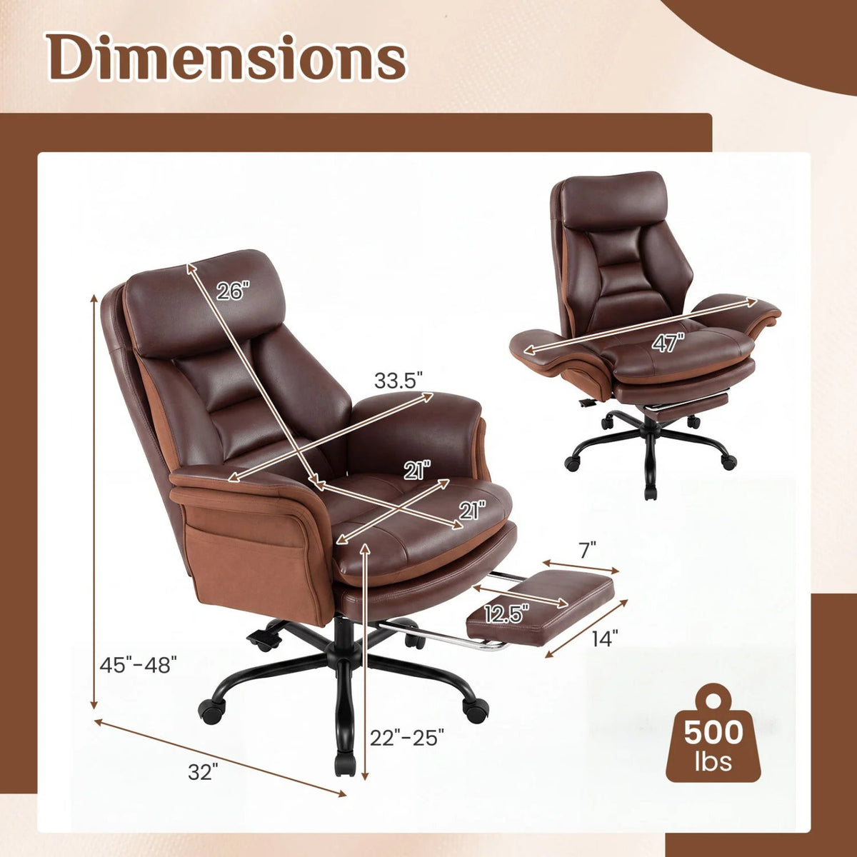 400 LBS Ergonomic Big and Tall Office Chair with Faux Leather-Brown view 5