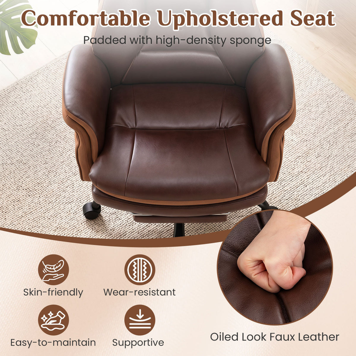 400 LBS Ergonomic Big and Tall Office Chair with Faux Leather-Brown view 6
