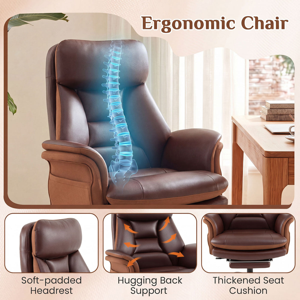 400 LBS Ergonomic Big and Tall Office Chair with Faux Leather-Brown view 7