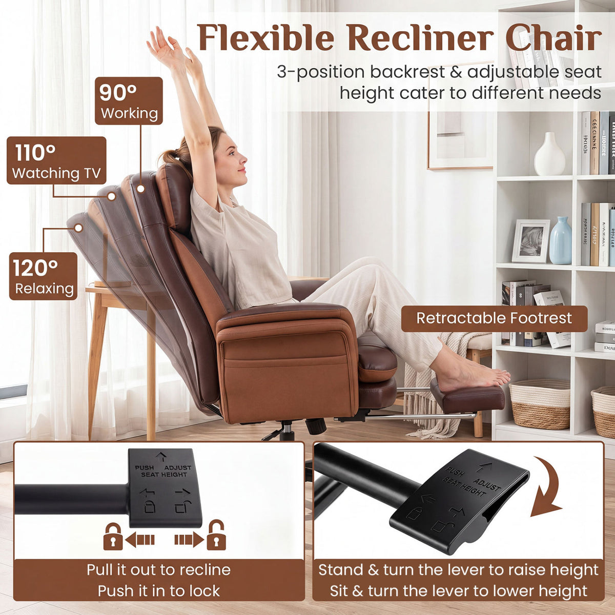 400 LBS Ergonomic Big and Tall Office Chair with Faux Leather-Brown view 8