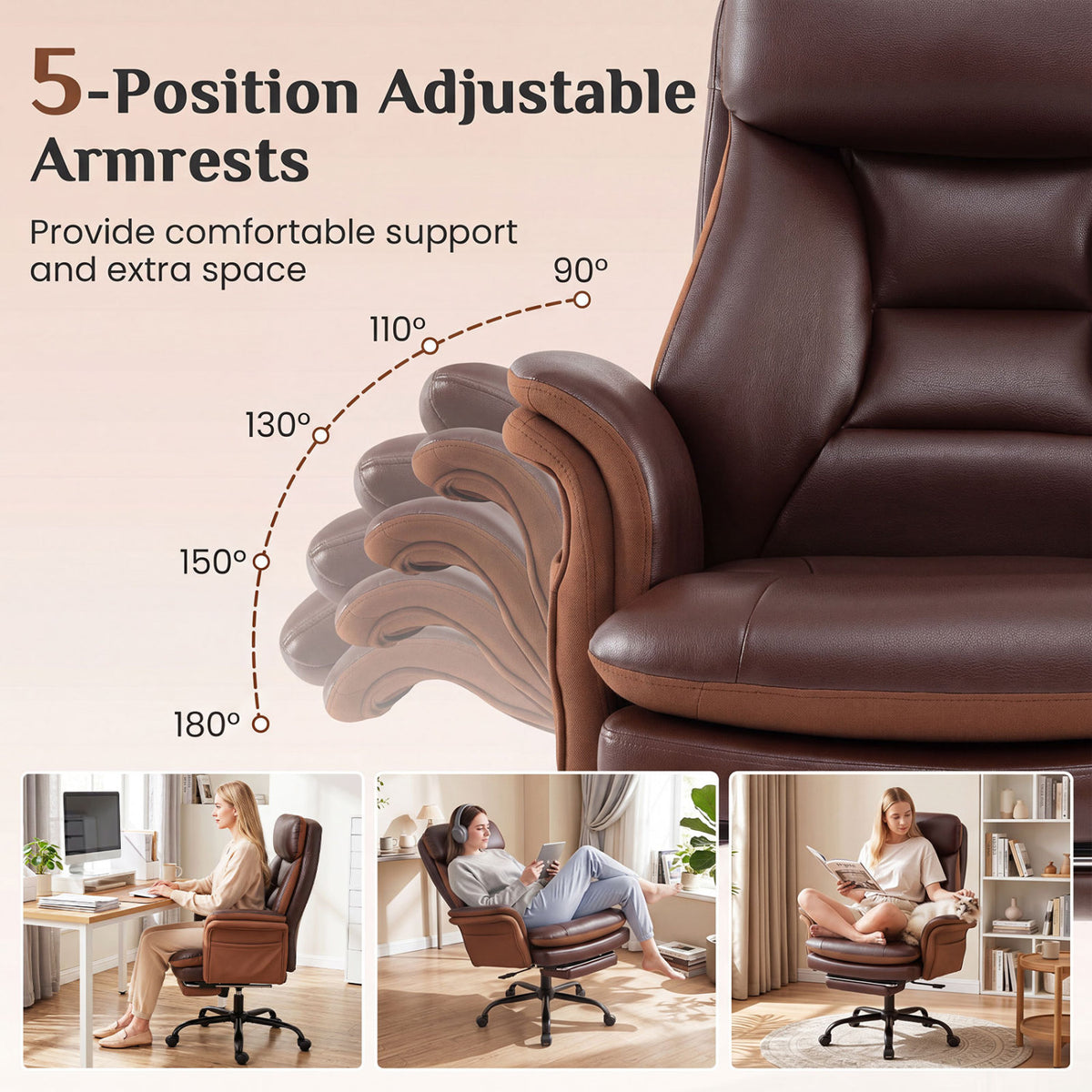 400 LBS Ergonomic Big and Tall Office Chair with Faux Leather-Brown view 9