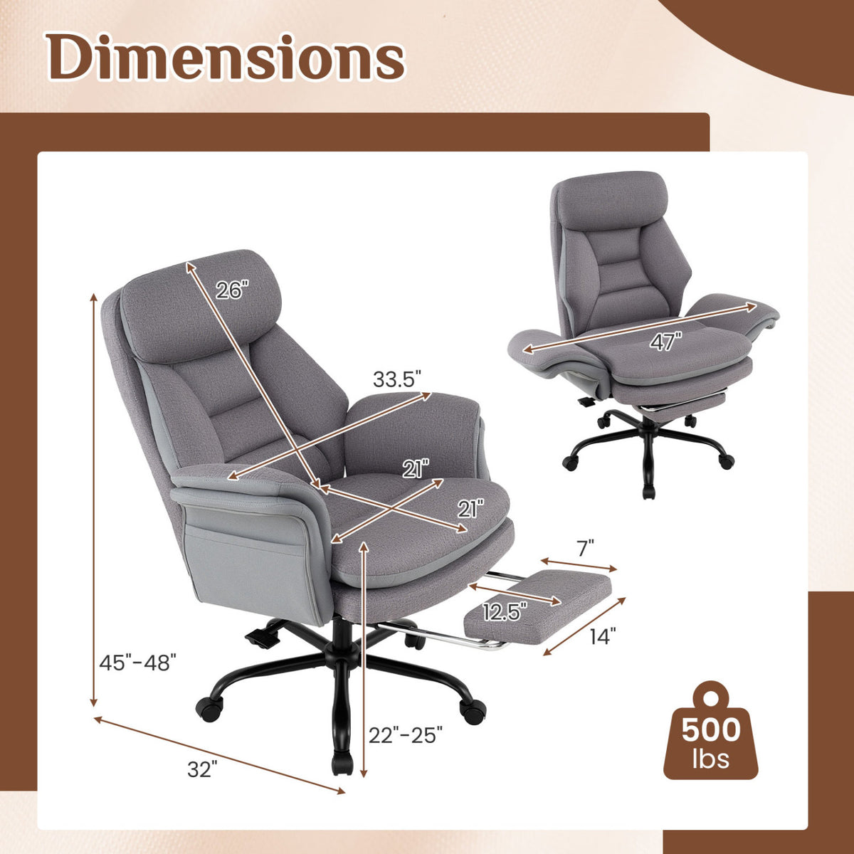 400 LBS Ergonomic Big and Tall Office Chair with Faux Leather-Gray view 5