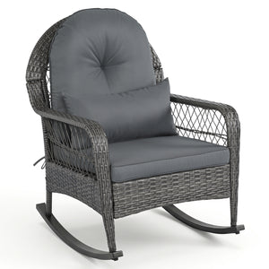 400 LBS Patio Rattan Rocker Chair with Anti-Tip Stoppers and Thick Cushions for Porch-Gray
