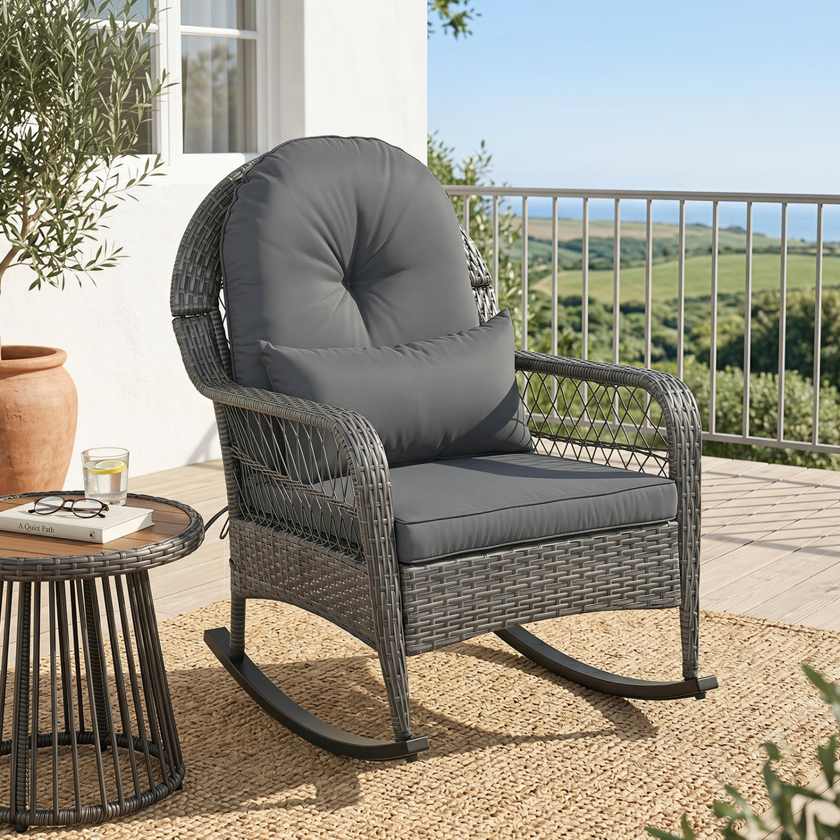 400 LBS Patio Rattan Rocker Chair with Anti-Tip Stoppers and Thick Cushions for Porch-Gray view 3