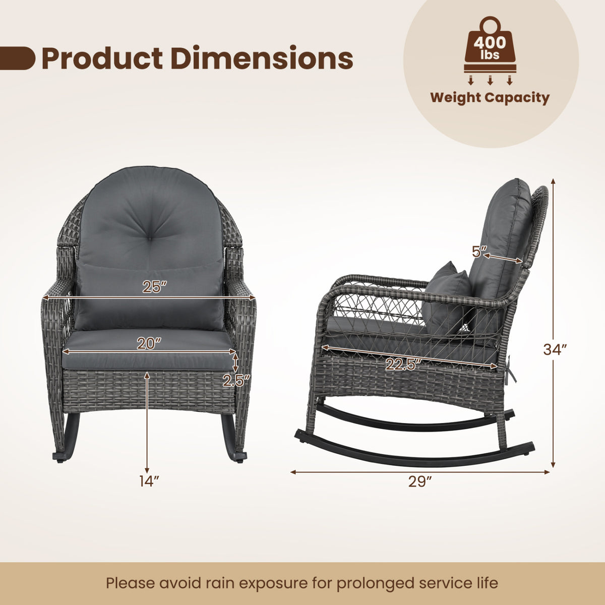 400 LBS Patio Rattan Rocker Chair with Anti-Tip Stoppers and Thick Cushions for Porch-Gray view 4