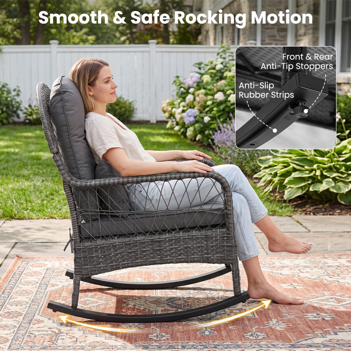 400 LBS Patio Rattan Rocker Chair with Anti-Tip Stoppers and Thick Cushions for Porch-Gray view 5
