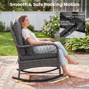 400 LBS Patio Rattan Rocker Chair with Anti-Tip Stoppers and Thick Cushions for Porch-Gray view 5