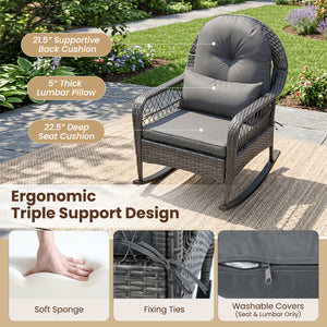 400 LBS Patio Rattan Rocker Chair with Anti-Tip Stoppers and Thick Cushions for Porch-Gray view 6