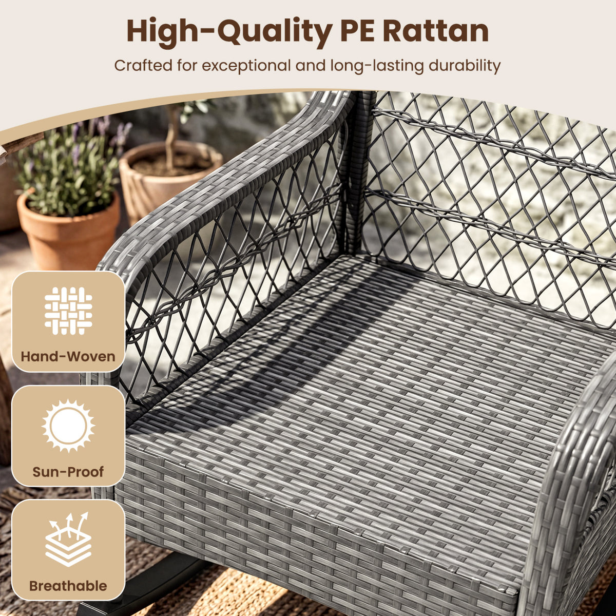400 LBS Patio Rattan Rocker Chair with Anti-Tip Stoppers and Thick Cushions for Porch-Gray view 7