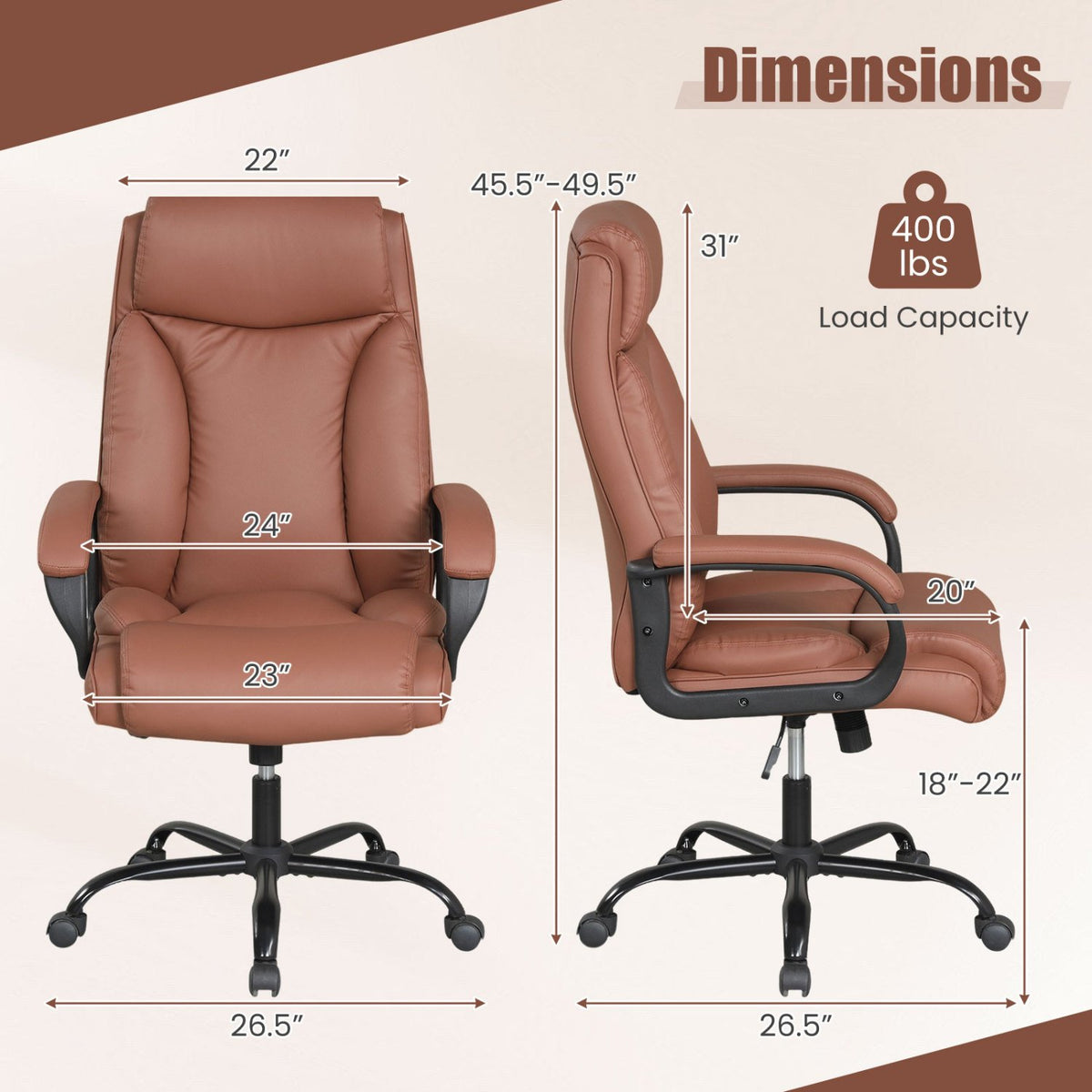 400LBS Big and Tall Chair High Back Executive Chair Ergonomic Leather Computer Chair-Brown view 4